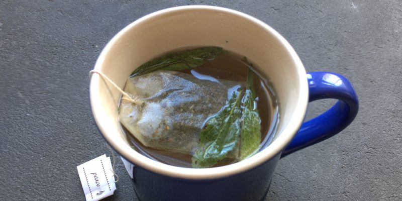 whole stevia leaves used to sweeten tea in cup