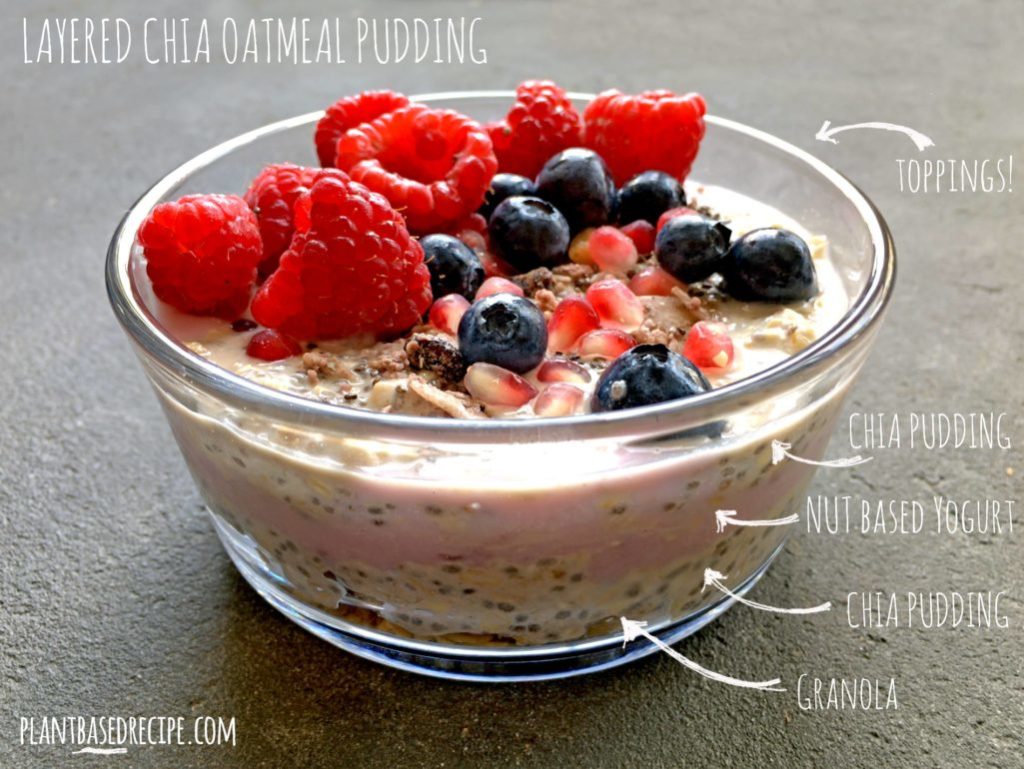 Layered vegan chia oatmeal: a healthy breakfast parfait