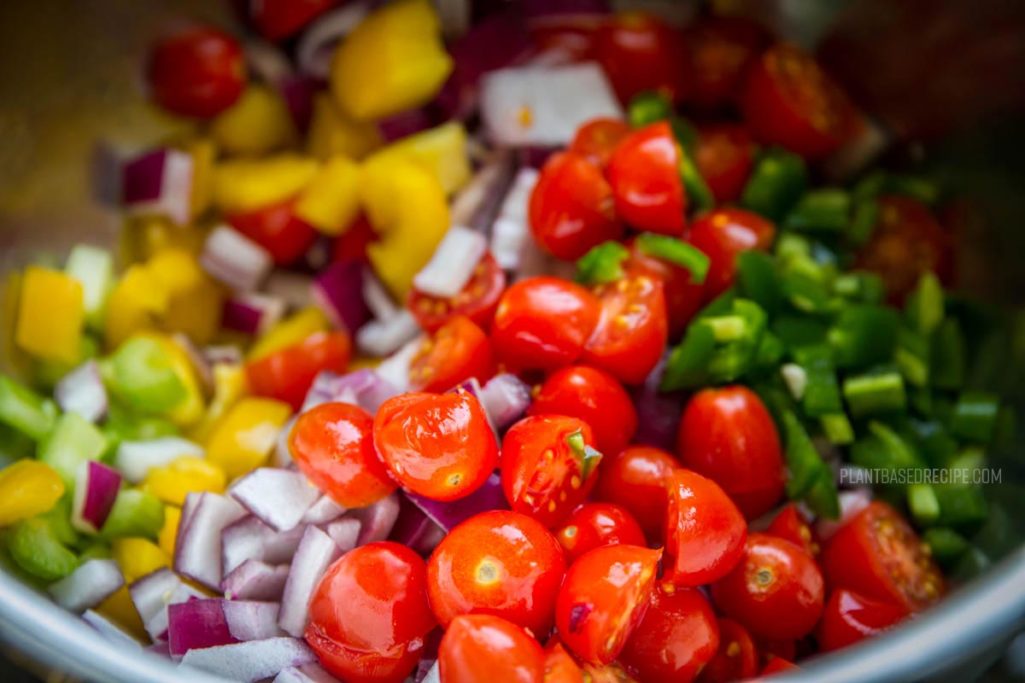 Diced up vegetables in a mixing bowl