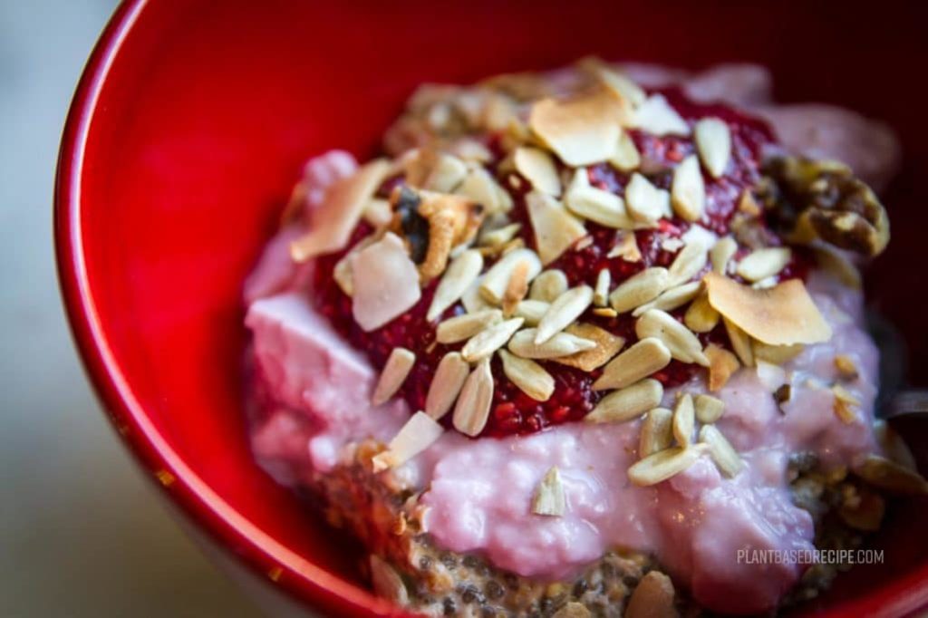 Overnight oatmeal with a variety of toppings.