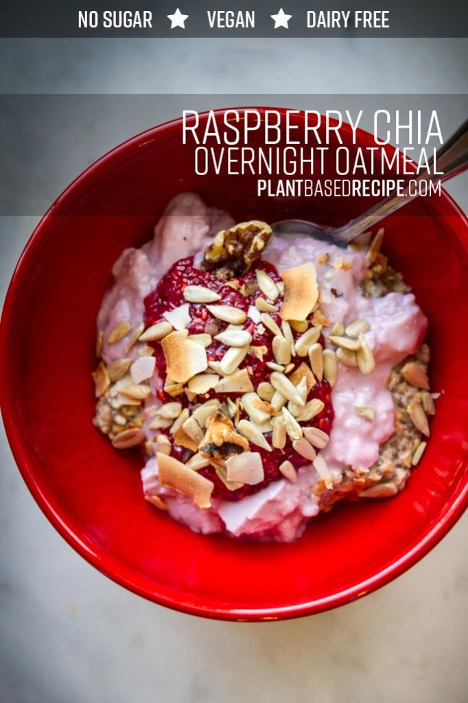 Pinnable image of overnight oatmeal with raspberry jam.