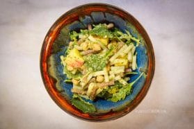 Oil-free pesto pasta salad with chickpeas, apple, and arugula (Low fat, Vegan)
