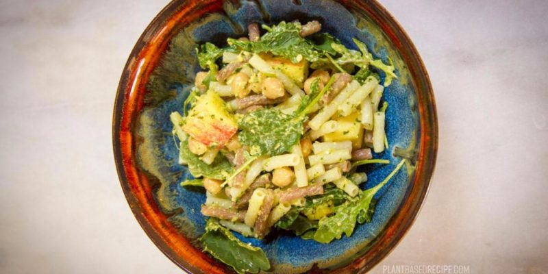 Oil-free pesto pasta salad with chickpeas, apple, and arugula (Low fat, Vegan)