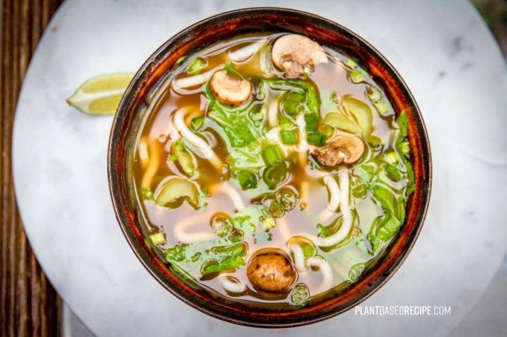 Udon noodles with vegetables in broth