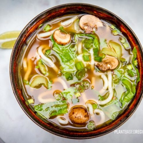 Udon noodles with vegetables in broth
