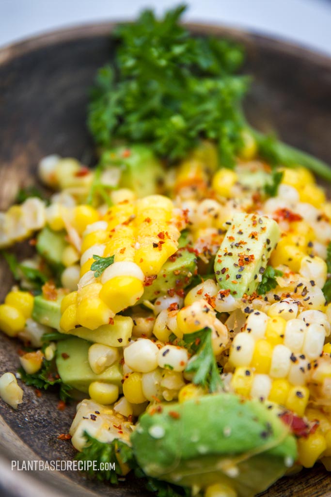 Spicy dressing on corn and avocado.