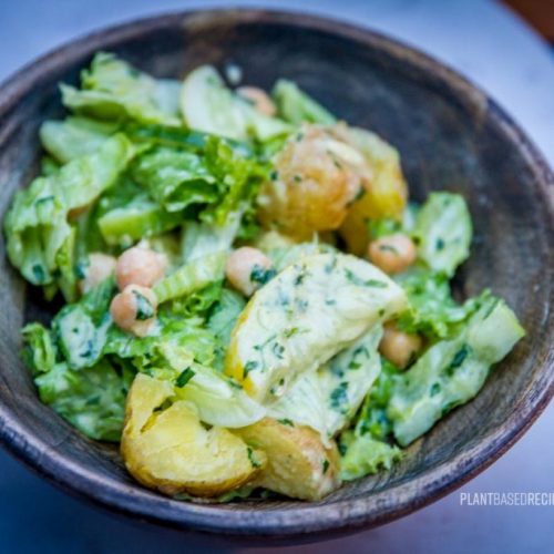 Potato, cucumber, and chickpea salad with creamy dressing.