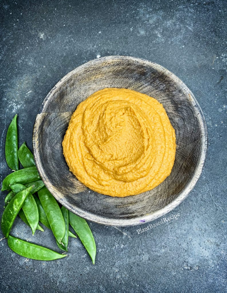Red curry hummus in a bowl - vegan low fat recipe