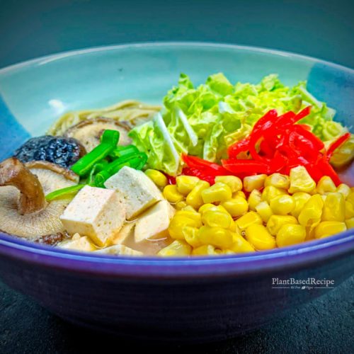 Vegan ramen with tofu and mushrooms in a bowl