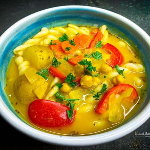 Vegan Ginger Turmeric Chickpea Noodle Soup recipe (Oil free, low fat)