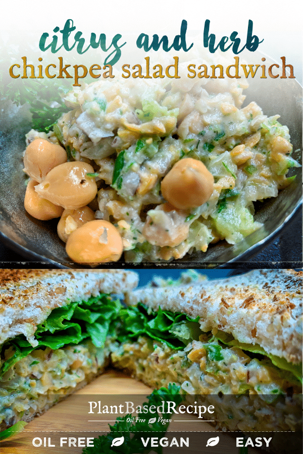 This recipe for citrus and herb chickpea salad sandwich is easy, cheap, vegan, and oil free. 