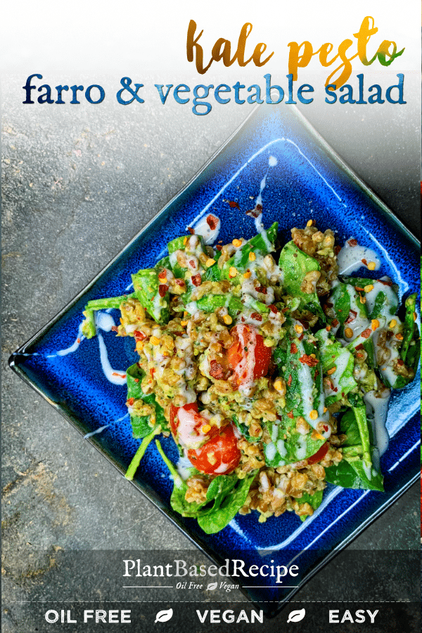 Vegan farro and kale pesto salad with vegetables - an easy to make oil-free vegan recipe.