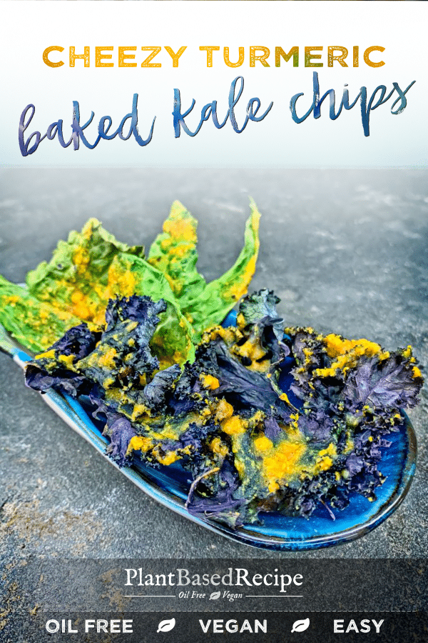 Vegan recipe for baked kale chips with turmeric. 