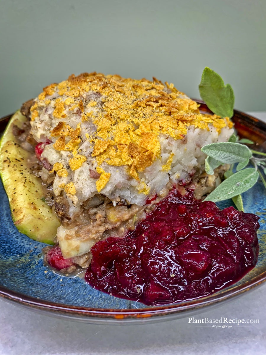Holiday zucchini boat with cranberries and potato on a plate