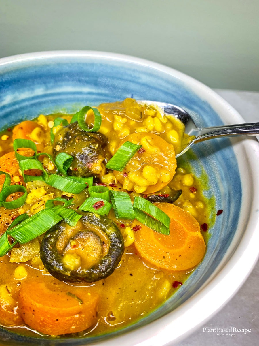 Vegan Mushroom Barley stew with turmeric and garlic recipe.